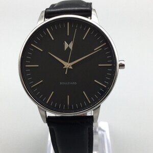 MVMT Boulevard Watch Men 38mm Silver Tone Leather Band New Battery
